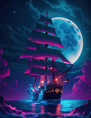 A large boat ship in the neon glow style. Big sails, moon, beautiful art.
