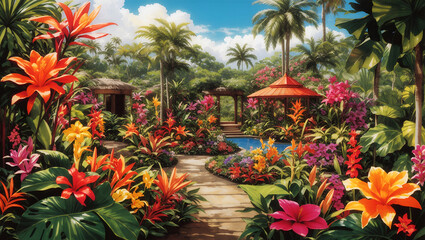 Fototapeta na wymiar Tropical Elegance - Lush Garden of Exotic Flowers