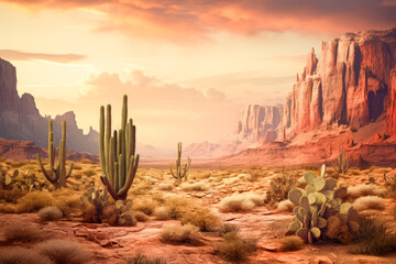 desert landscape with cactus - obrazy, fototapety, plakaty
