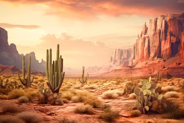 Wall murals Deep brown desert landscape with cactus