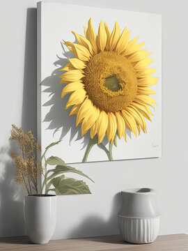 Photo of a sunflower in a frame interior.