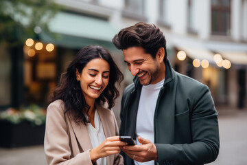 Indian couple using smartphone and laughing together
