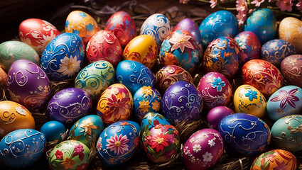 Fototapeta na wymiar Easter Egg Extravaganza - Intricately Decorated Swirls, Flowers, and Stars