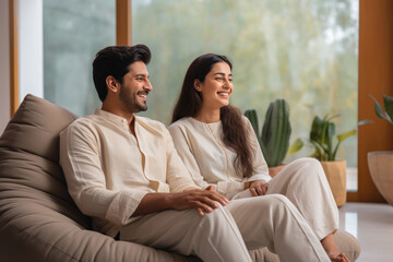 young indian couple giving happy expression at home