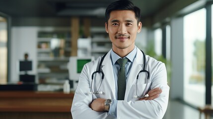 Portrait of smiling asian doctor looking at camera with crossed arms in hospital. generative ai