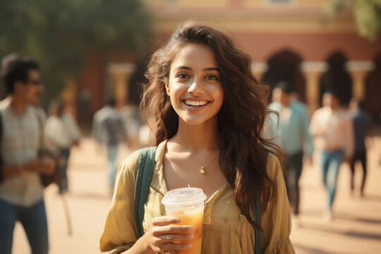 Young indian girl holding juice glass in hand and smiling