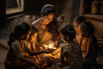 indian woman teaching to children