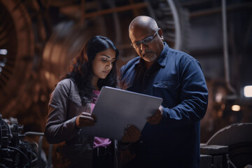 Indian man and woman using laptop at factory