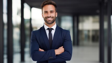 Seo, banker, broker, financial director, gorgeous serious caucasian wealthy business man in a suit standing with crossed arms at office - obrazy, fototapety, plakaty