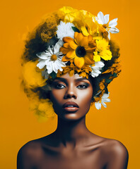 Pop collage Illustration of a beautiful female fashion model with sunflowers in her hair, colorful...