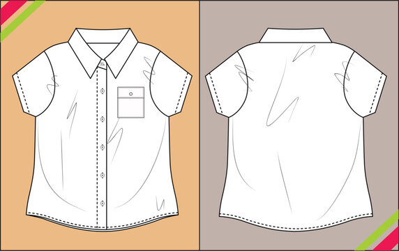 WOMEN SEWING PATTERN SHIRT COLLAR SHORT SLEEVE SKETCH FASHION TEMPLATE TECHNICAL DRAWING ILLUSTRATION
