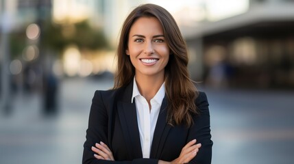 In an urban district, a businesswoman looks at a camera. Outdoor portrait of a successful modern manager and worker. Business success