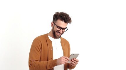 a man is smiling and using his smartphone to socialize on white background