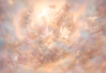 soft focus unimaginable clouds image of a very beautiful heaven. angel Magic clouds, radiating a sense of otherworldly beauty and serenity, warm, pastel, clouds, realm of dreams, Generative AI.