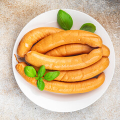 sausage chicken or turkey meat Cooking sausages appetizer meal food snack on the table copy space food background rustic top view