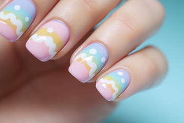 Woman's fingernails with cute pastel colored nail polish deign