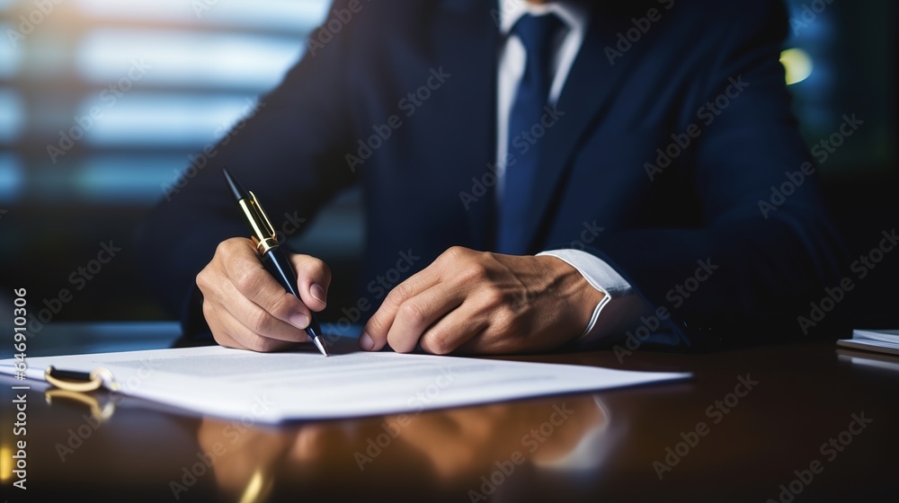 Sticker Businessman signing documents while working at office 