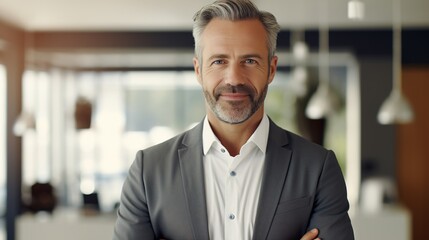 Fototapeta premium business management CEO, a successful, self-assured, handsome man in a suit standing in an office and facing the camera