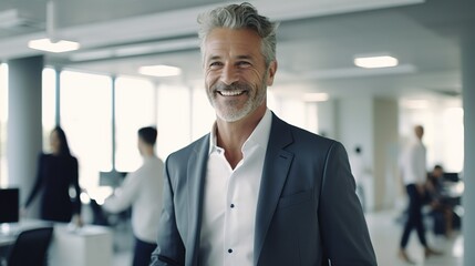 business management CEO, a successful, self-assured, handsome man in a suit standing in an office and facing the camera