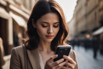 Fototapeta na wymiar woman texting on mobile phone on street