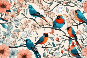 Seamless pattern flowers and birds.