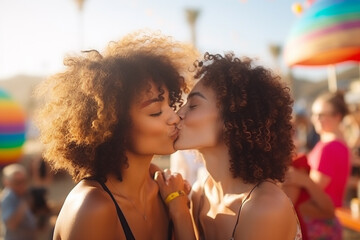 Lesbian or friends women kissing in beach bar in sunset - obrazy, fototapety, plakaty