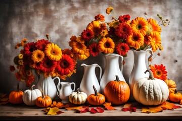 Beautiful autumn still life with bouquet of red and yellow flowers in white vases and white and orange pumpkins on wooden table,