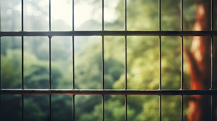 Close up blurred background of indoor window cage with a view of nature.