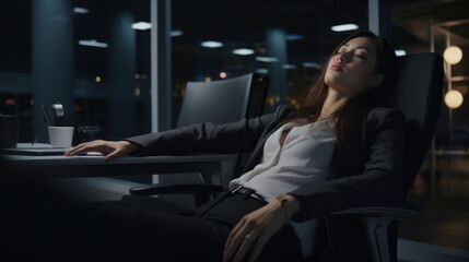 Fototapeta na wymiar Weary Respite: A Female Office Worker Succumbs to Slumber at Her Desk, Echoing the Strains of a Demanding Workday.