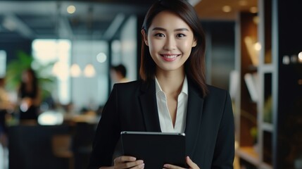 Fototapeta premium Portrait of an Asian businesswoman using a tablet while working in the workplace.
