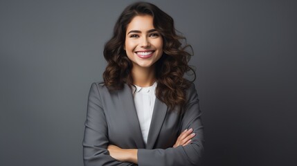 Fototapeta premium Happy youthful confident professional business woman, pretty trendy female executive looking at camera, standing arms crossed on gray background