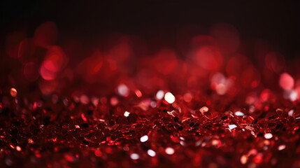 Abstract red shiny Christmas or Valentine's Day background with bokeh. Holiday bright blurred backdrop with particles.
