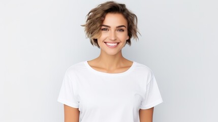 smiling joyfully female on white background
