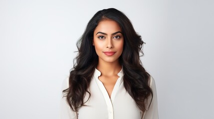 Obraz premium Beautiful businesswoman lady with a white suit shirt, arms folded, looking front in the camera. white backdrop
