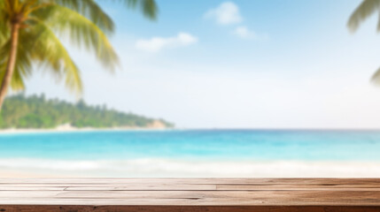 Fototapeta premium Wooden table top on blur tropical beach background