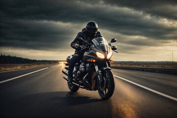 Fototapeta na wymiar Motorcycle driver riding alone on asphalt motorway. ai generative