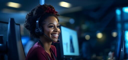 Female African American customer support agent working at a call center. Generative AI