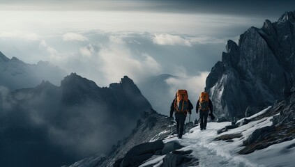 people hiking in snowy mountain top area Generative AI