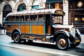 Obraz premium Steampunk bus, generative ai