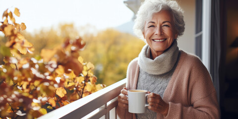 Portrait of happy senior woman smiling drinking hot coffee or tea standing outdoor on the home balcony - obrazy, fototapety, plakaty