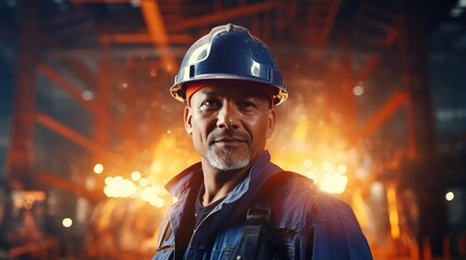 Engineer or worker in the heavy industry in a professional portrait wearing a safety uniform. Unfocused, massive industrial factory in the background with flying welding sparks. generative ai