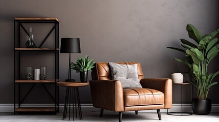 Elegant masculine living room interior design with mock up poster frame, brown armchair, industrial geometric shelf, and personal accessories.