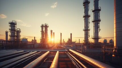 Fototapeta na wymiar oil refinery plant at sunset. generative ai