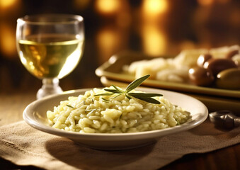Vegan risotto rice with glass of white wine in fine dining restaurant.Macro.AI Generative