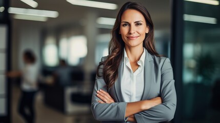 Cheerful professional businesswoman stands in a company office.