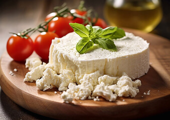 Italian ricotta cheese with basil and tomatoes on wooden board.Macro.AI generative