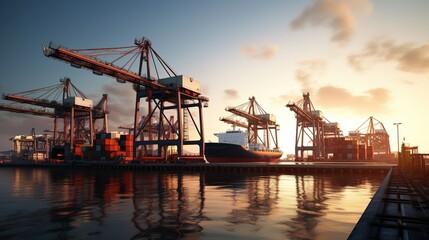 Cargo ship at port with cranes loading and unloading containers