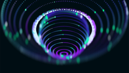 Visualization of superconductivity field. Abstract sphere of glowing dots surrounded by rings. Futuristic power plant. Depth of field.