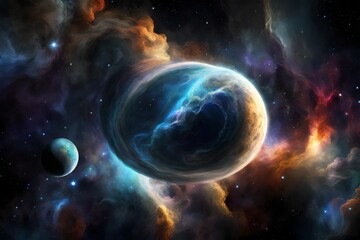 Fantasy deep space nebula with planet 