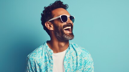 Fototapeta premium portrait of a man wearing sunglasses with summer shirt on blue background